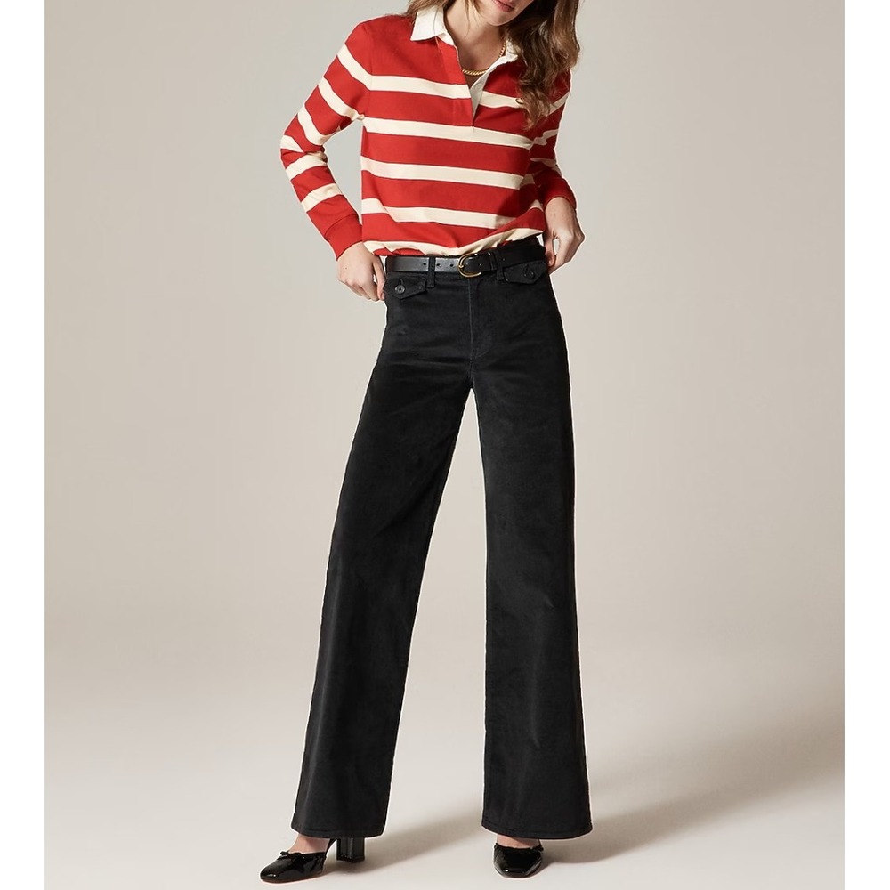 NWT J.Crew Pants Washed Velvet Women 32 Petite Black Wide Leg High Rise Retro